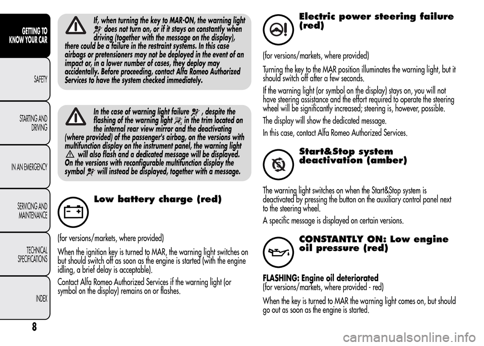 Alfa Romeo MiTo 2016  Owners Manual If, when turning the key to MAR-ON, the warning light
does not turn on, or if it stays on constantly when
driving (together with the message on the display),
there could be a failure in the restraint 