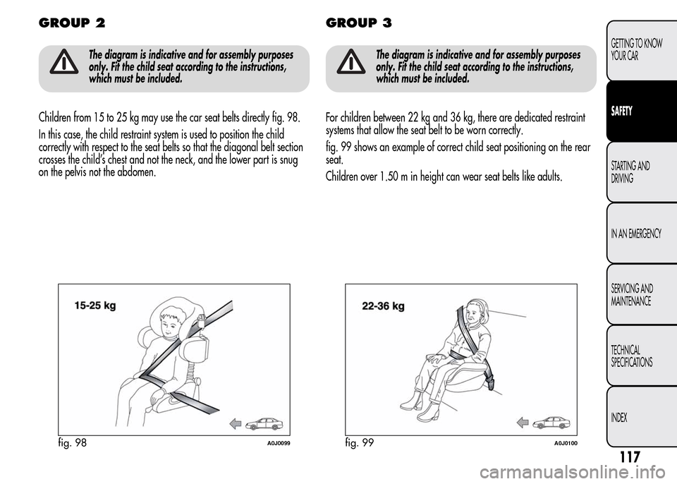 Alfa Romeo MiTo 2016  Owners Manual GROUP 2
The diagram is indicative and for assembly purposes
only. Fit the child seat according to the instructions,
which must be included.
Children from 15 to 25 kg may use the car seat belts directl