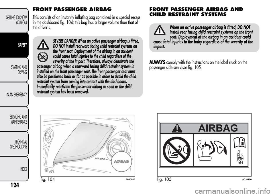 Alfa Romeo MiTo 2016  Owners Manual FRONT PASSENGER AIRBAG
This consists of an instantly inflating bag contained in a special recess
in the dashboard fig. 104: this bag has a larger volume than that of
the drivers.
SEVERE DANGER When a