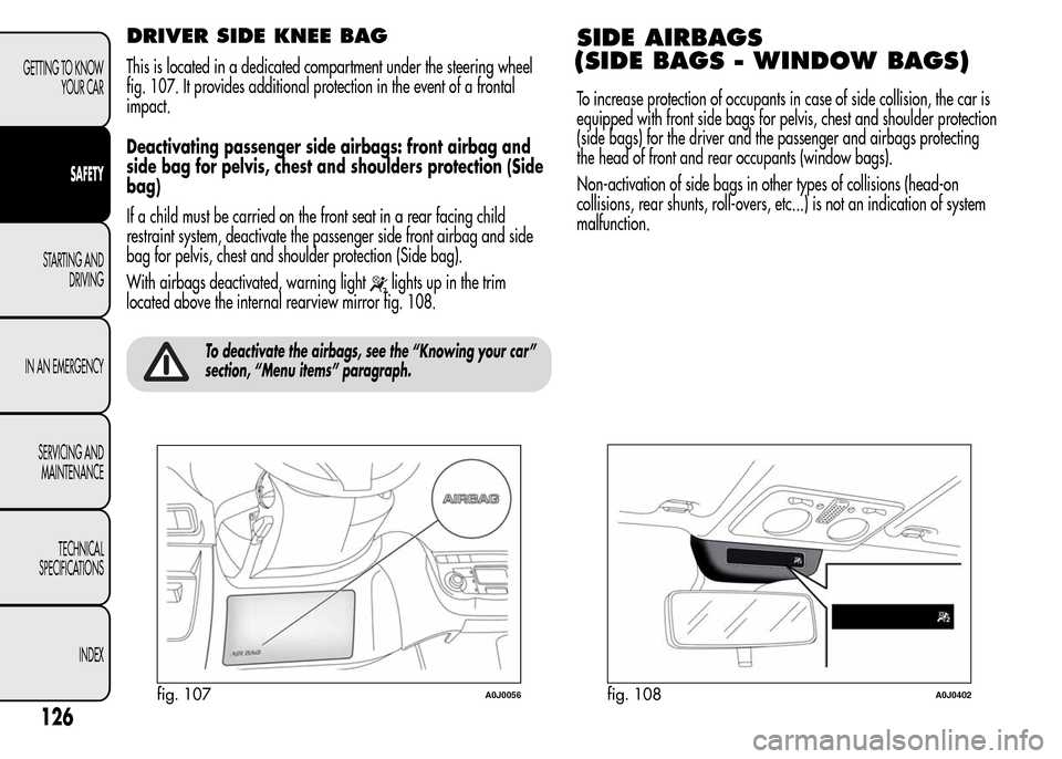 Alfa Romeo MiTo 2016  Owners Manual DRIVER SIDE KNEE BAG
This is located in a dedicated compartment under the steering wheel
fig. 107. It provides additional protection in the event of a frontal
impact.
Deactivating passenger side airba