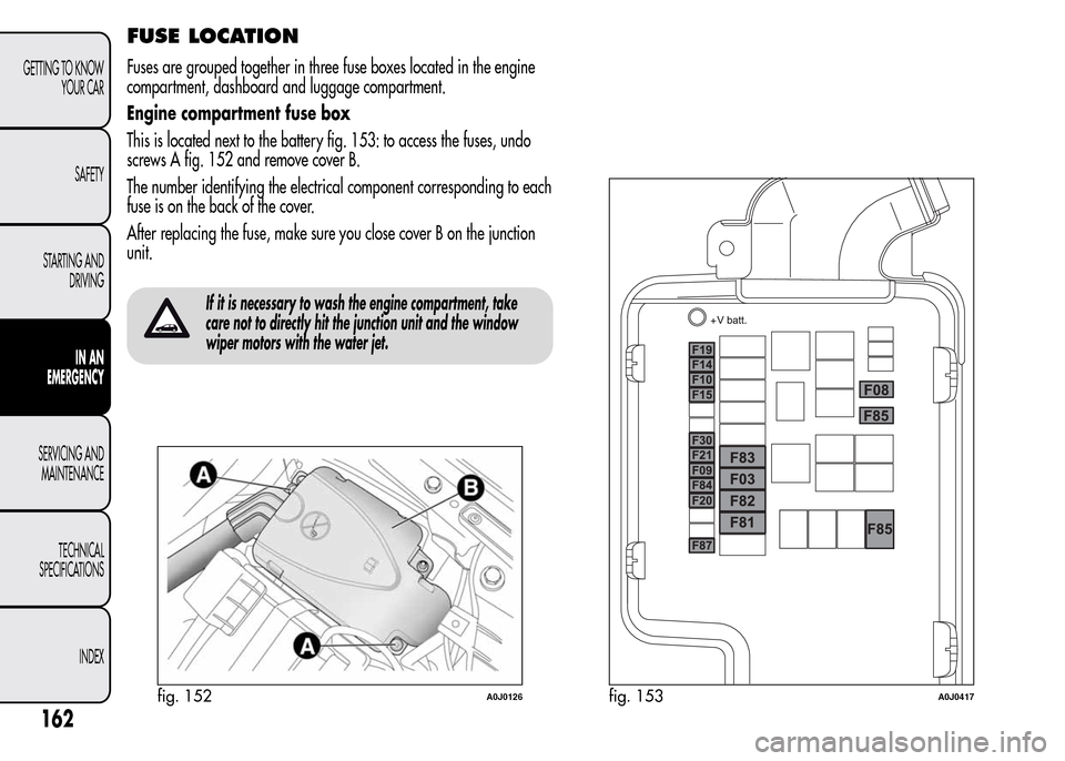 Alfa Romeo MiTo 2016 Owners Manual FUSE LOCATION
Fuses are grouped together in three fuse boxes located in the engine
compartment, dashboard and luggage compartment.
Engine compartment fuse box
This is located next to the battery fig. Alfa Romeo MiTo 2016 Owners Manual FUSE LOCATION
Fuses are grouped together in three fuse boxes located in the engine
compartment, dashboard and luggage compartment.
Engine compartment fuse box
This is located next to the battery fig.