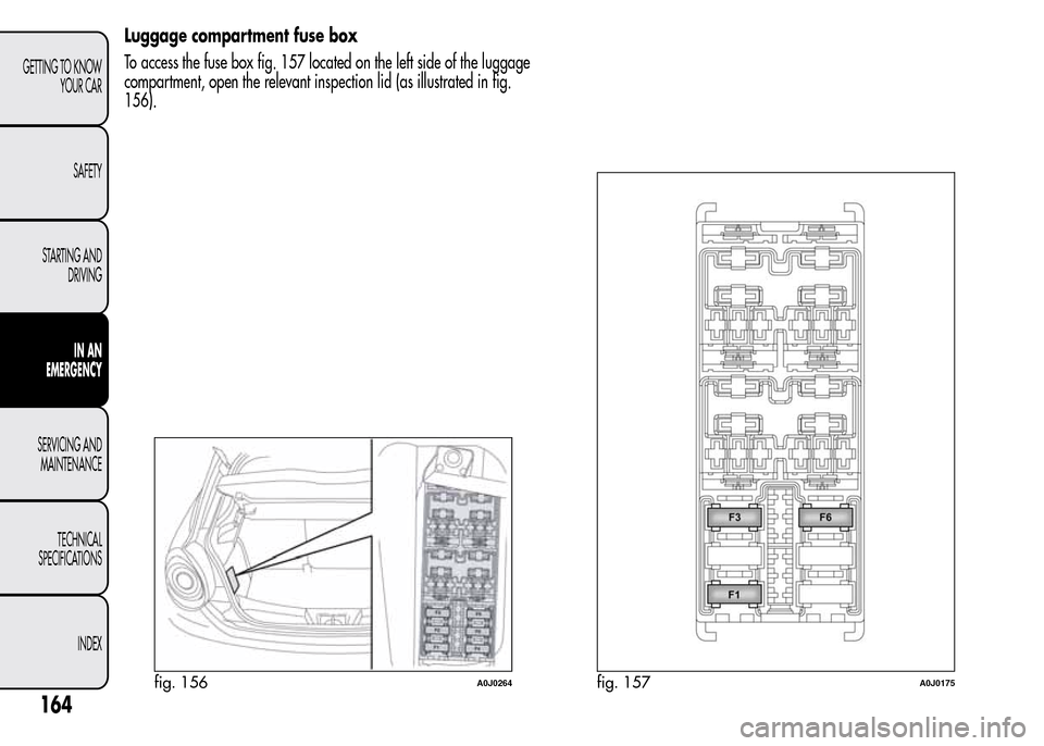 Alfa Romeo MiTo 2016 Owners Manual Luggage compartment fuse box
To access the fuse box fig. 157 located on the left side of the luggage
compartment, open the relevant inspection lid (as illustrated in fig.
156).
fig. 156A0J0264fig. 157 Alfa Romeo MiTo 2016 Owners Manual Luggage compartment fuse box
To access the fuse box fig. 157 located on the left side of the luggage
compartment, open the relevant inspection lid (as illustrated in fig.
156).
fig. 156A0J0264fig. 157