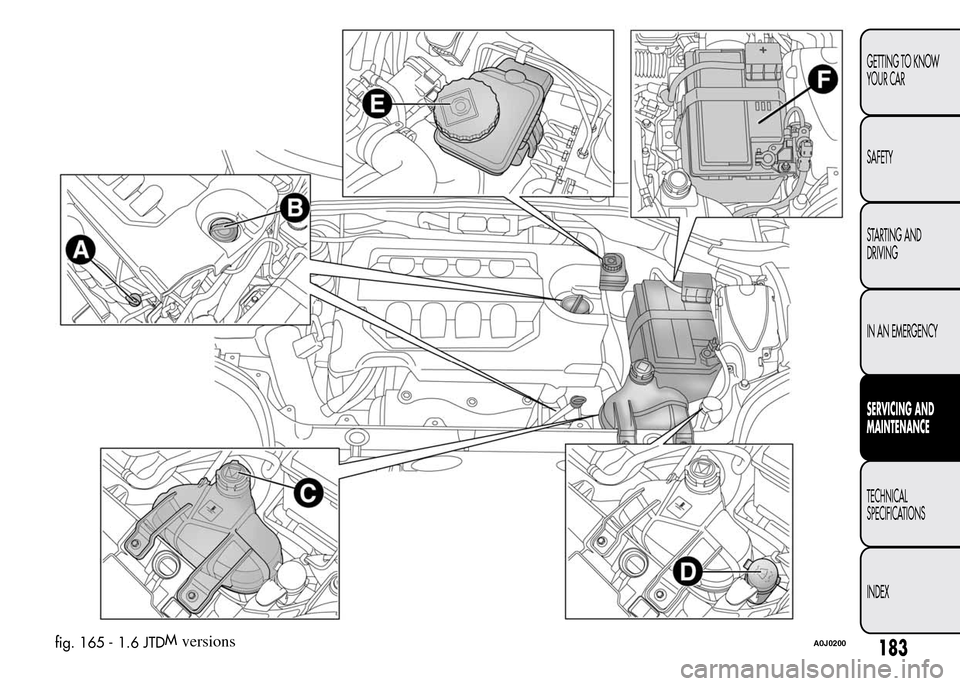 Alfa Romeo MiTo 2016  Owners Manual fig. 165 - 1.6 JTDMversionsA0J0200183
GETTING TO KNOW
YOUR CAR
SAFETY
STARTING AND
DRIVING
IN AN EMERGENCY
SERVICING AND
MAINTENANCE
TECHNICAL
SPECIFICATIONS
INDEX 