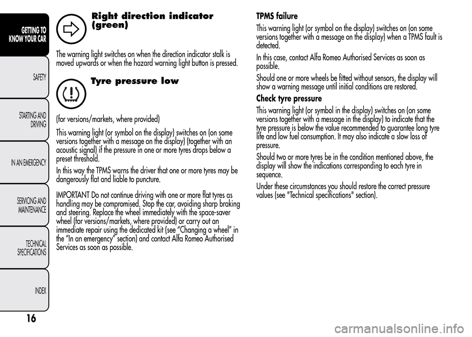 Alfa Romeo MiTo 2016  Owners Manual Right direction indicator
(green)
The warning light switches on when the direction indicator stalk is
moved upwards or when the hazard warning light button is pressed.
Tyre pressure low
(for versions/