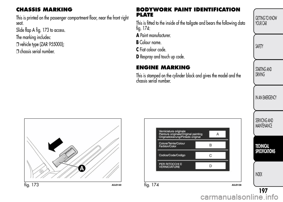 Alfa Romeo MiTo 2016  Owners Manual CHASSIS MARKING
This is printed on the passenger compartment floor, near the front right
seat.
Slide flap A fig. 173 to access.
The marking includes:
❒vehicle type (ZAR 955000);
❒chassis serial nu