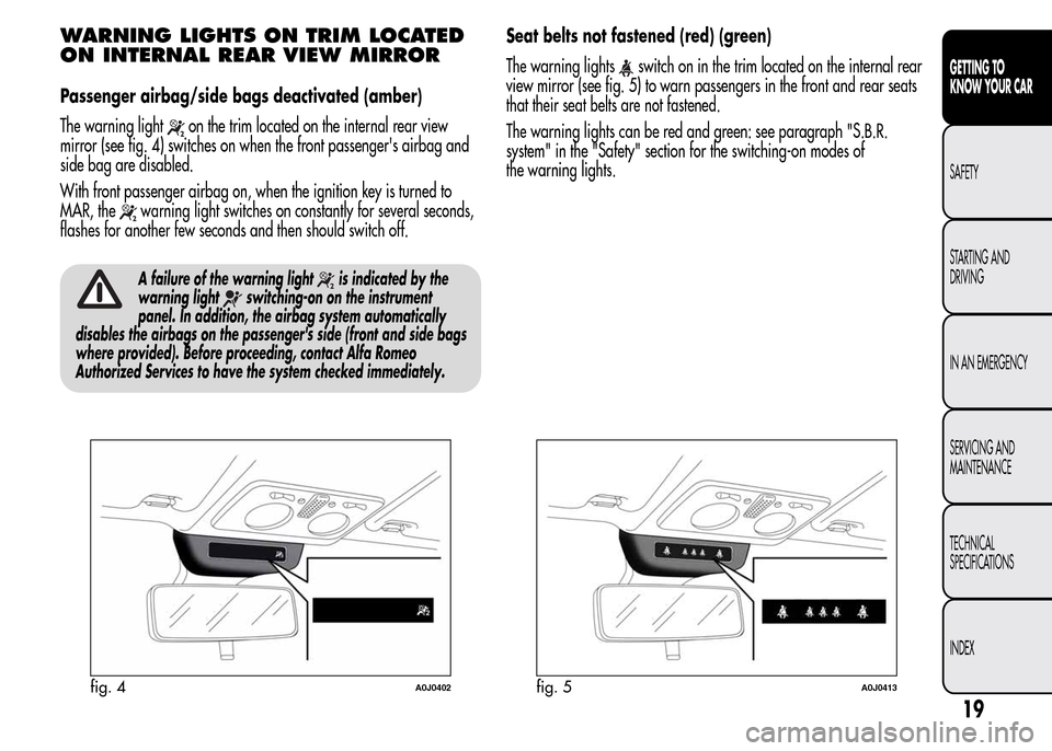 Alfa Romeo MiTo 2016 Owners Guide WARNING LIGHTS ON TRIM LOCATED
ON INTERNAL REAR VIEW MIRROR
Passenger airbag/side bags deactivated (amber)
The warning light
on the trim located on the internal rear view
mirror (see fig. 4) switches Alfa Romeo MiTo 2016 Owners Guide WARNING LIGHTS ON TRIM LOCATED
ON INTERNAL REAR VIEW MIRROR
Passenger airbag/side bags deactivated (amber)
The warning light
on the trim located on the internal rear view
mirror (see fig. 4) switches