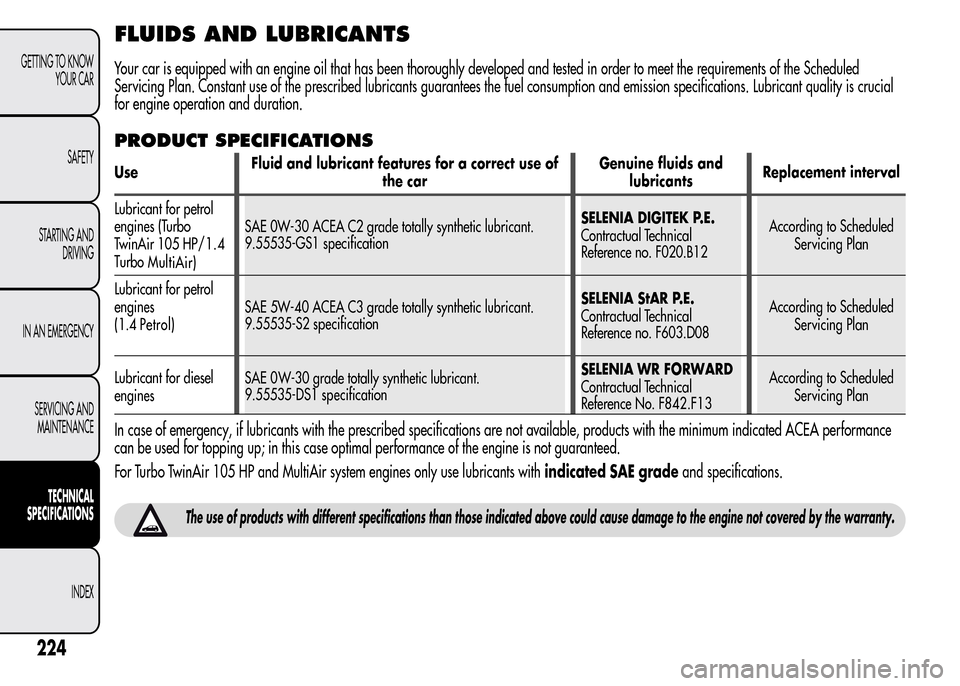 Alfa Romeo MiTo 2016 Owners Manual FLUIDS AND LUBRICANTS
Your car is equipped with an engine oil that has been thoroughly developed and tested in order to meet the requirements of the Scheduled
Servicing Plan. Constant use of the presc Alfa Romeo MiTo 2016 Owners Manual FLUIDS AND LUBRICANTS
Your car is equipped with an engine oil that has been thoroughly developed and tested in order to meet the requirements of the Scheduled
Servicing Plan. Constant use of the presc