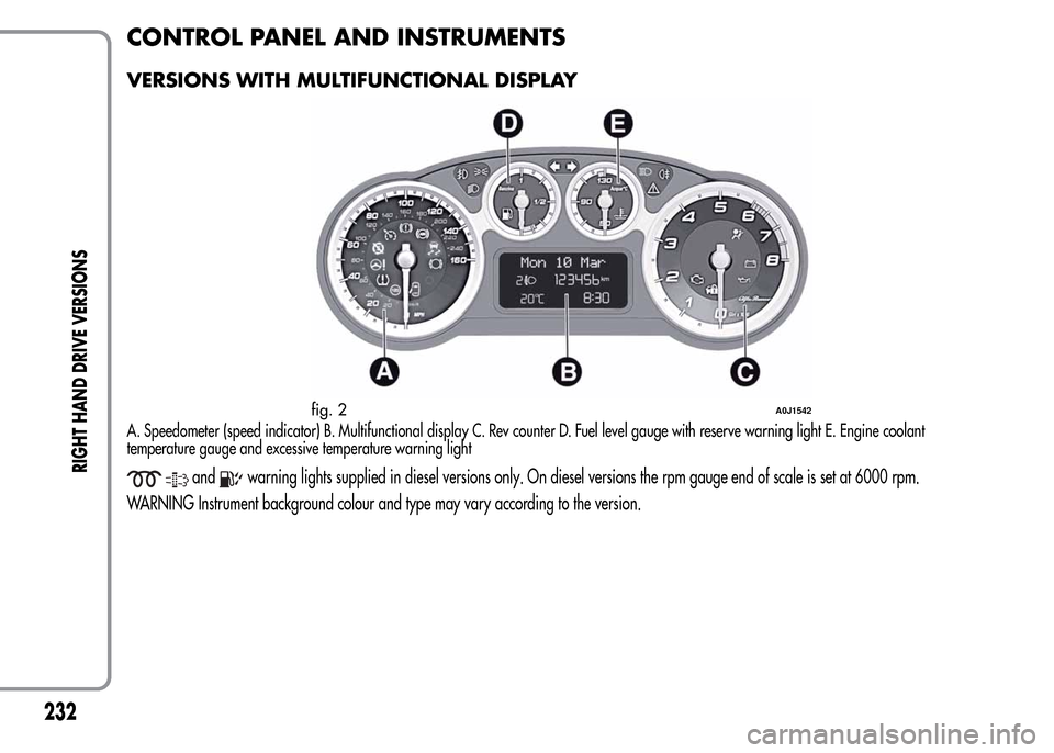 Alfa Romeo MiTo 2016 Owners Guide CONTROL PANEL AND INSTRUMENTS
VERSIONS WITH MULTIFUNCTIONAL DISPLAY
A. Speedometer (speed indicator) B. Multifunctional display C. Rev counter D. Fuel level gauge with reserve warning light E. Engine 