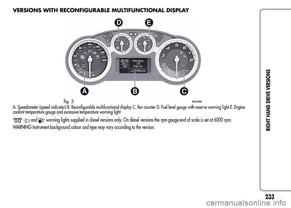 Alfa Romeo MiTo 2016  Owners Manual VERSIONS WITH RECONFIGURABLE MULTIFUNCTIONAL DISPLAY
A. Speedometer (speed indicator) B. Reconfigurable multifunctional display C. Rev counter D. Fuel level gauge with reserve warning light E. Engine
