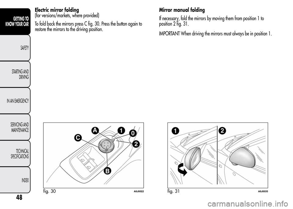 Alfa Romeo MiTo 2016 Workshop Manual Electric mirror folding
(for versions/markets, where provided)
To fold back the mirrors press C fig. 30. Press the button again to
restore the mirrors to the driving position.Mirror manual folding
If Alfa Romeo MiTo 2016 Workshop Manual Electric mirror folding
(for versions/markets, where provided)
To fold back the mirrors press C fig. 30. Press the button again to
restore the mirrors to the driving position.Mirror manual folding
If