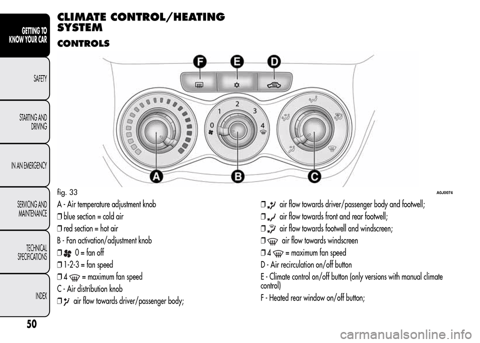 Alfa Romeo MiTo 2016 Workshop Manual CLIMATE CONTROL/HEATING
SYSTEM
CONTROLS
A - Air temperature adjustment knob
❒blue section = cold air
❒red section = hot air
B - Fan activation/adjustment knob
❒
0 = fan off
❒1-2-3 = fan speed
Alfa Romeo MiTo 2016 Workshop Manual CLIMATE CONTROL/HEATING
SYSTEM
CONTROLS
A - Air temperature adjustment knob
❒blue section = cold air
❒red section = hot air
B - Fan activation/adjustment knob
❒
0 = fan off
❒1-2-3 = fan speed