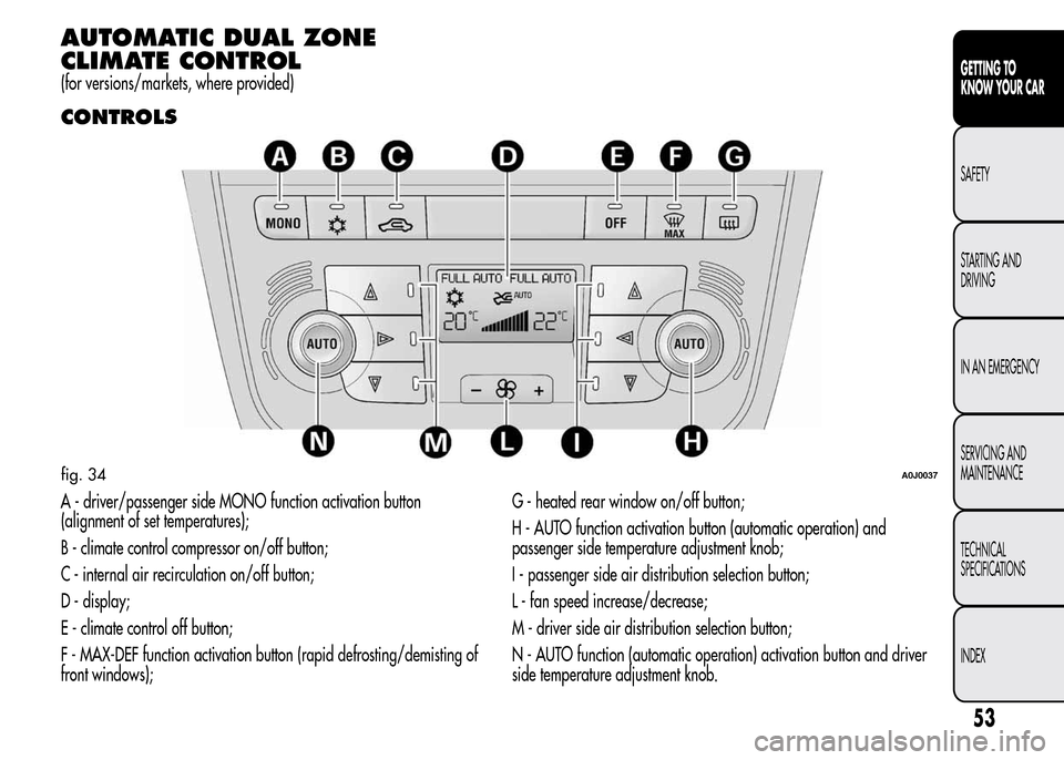 Alfa Romeo MiTo 2016 Workshop Manual AUTOMATIC DUAL ZONE
CLIMATE CONTROL
(for versions/markets, where provided)
CONTROLS
A - driver/passenger side MONO function activation button
(alignment of set temperatures);
B - climate control compr Alfa Romeo MiTo 2016 Workshop Manual AUTOMATIC DUAL ZONE
CLIMATE CONTROL
(for versions/markets, where provided)
CONTROLS
A - driver/passenger side MONO function activation button
(alignment of set temperatures);
B - climate control compr