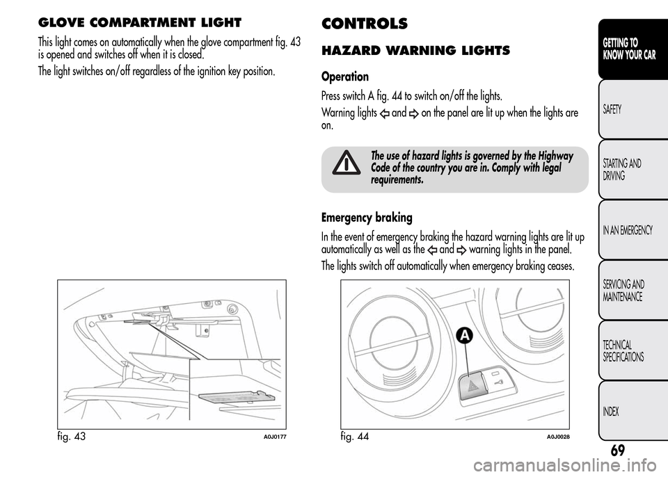 Alfa Romeo MiTo 2016 Manual PDF GLOVE COMPARTMENT LIGHT
This light comes on automatically when the glove compartment fig. 43
is opened and switches off when it is closed.
The light switches on/off regardless of the ignition key posi Alfa Romeo MiTo 2016 Manual PDF GLOVE COMPARTMENT LIGHT
This light comes on automatically when the glove compartment fig. 43
is opened and switches off when it is closed.
The light switches on/off regardless of the ignition key posi