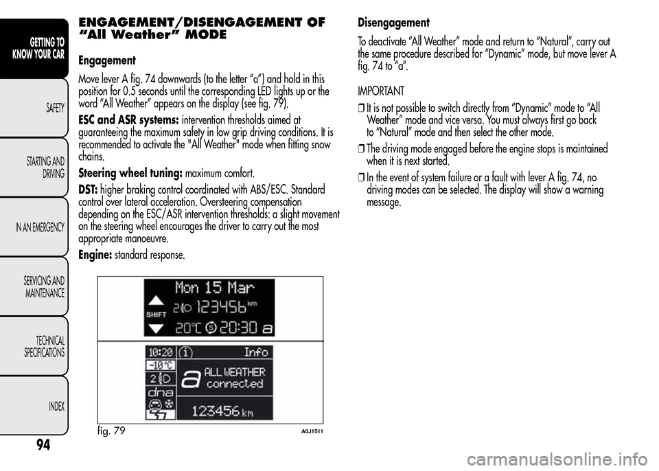 Alfa Romeo MiTo 2016 Owners Guide ENGAGEMENT/DISENGAGEMENT OF
“All Weather” MODE
Engagement
Move lever A fig. 74 downwards (to the letter “a”) and hold in this
position for 0.5 seconds until the corresponding LED lights up or 