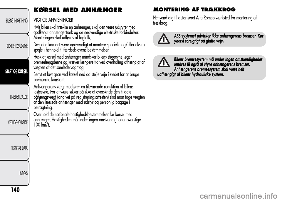Alfa Romeo MiTo 2016  Instruktionsbog (in Danish) KØRSEL MED ANHÆNGER
VIGTIGE ANVISNINGER
Hvis bilen skal trække en anhænger, skal den være udstyret med
godkendt anhængertræk og de nødvendige elektriske forbindelser.
Monteringen skal udføres
