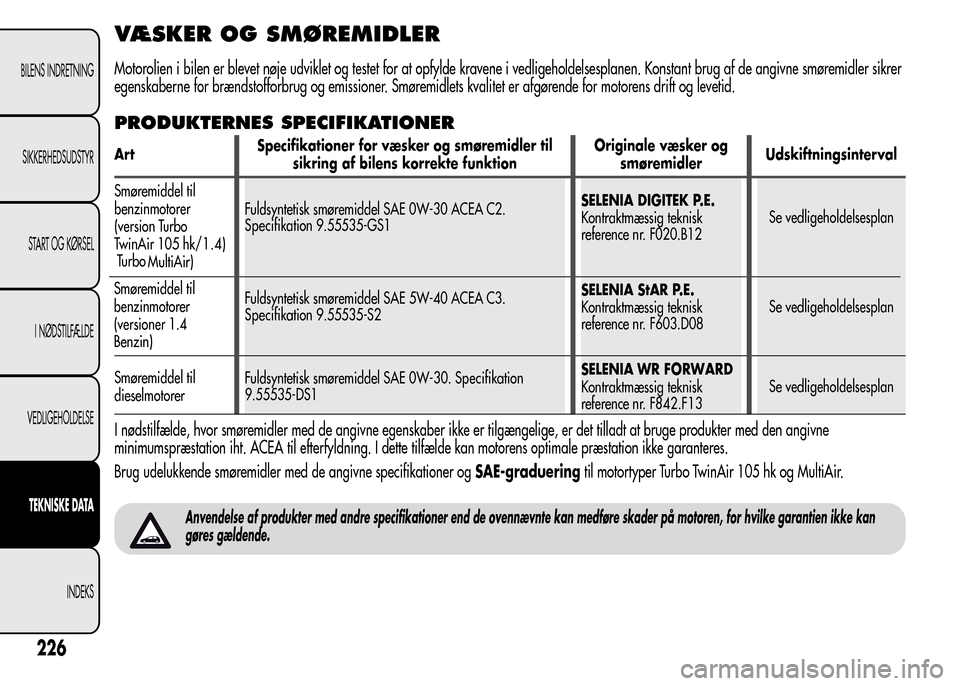 Alfa Romeo MiTo 2016 Instruktionsbog (in Danish) VÆSKER OG SMØREMIDLER
Motorolien i bilen er blevet nøje udviklet og testet for at opfylde kravene i vedligeholdelsesplanen. Konstant brug af de angivne smøremidler sikrer
egenskaberne for brændst Alfa Romeo MiTo 2016 Instruktionsbog (in Danish) VÆSKER OG SMØREMIDLER
Motorolien i bilen er blevet nøje udviklet og testet for at opfylde kravene i vedligeholdelsesplanen. Konstant brug af de angivne smøremidler sikrer
egenskaberne for brændst