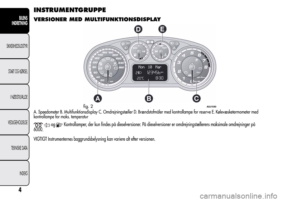 Alfa Romeo MiTo 2016  Instruktionsbog (in Danish) INSTRUMENTGRUPPE
VERSIONER MED MULTIFUNKTIONSDISPLAY
A. Speedometer B. Multifunktionsdisplay C. Omdrejningstæller D. Brændstofmåler med kontrollampe for reserve E. Kølevæsketermometer med
kontrol
