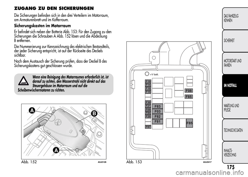 Alfa Romeo MiTo 2016 Betriebsanleitung (in German) ZUGANG ZU DEN SICHERUNGEN
Die Sicherungen befinden sich in den drei Verteilern im Motorraum,
am Armaturenbrett und im Kofferraum.
Sicherungskasten im Motorraum
Er befindet sich neben der Batterie Abb. Alfa Romeo MiTo 2016 Betriebsanleitung (in German) ZUGANG ZU DEN SICHERUNGEN
Die Sicherungen befinden sich in den drei Verteilern im Motorraum,
am Armaturenbrett und im Kofferraum.
Sicherungskasten im Motorraum
Er befindet sich neben der Batterie Abb.