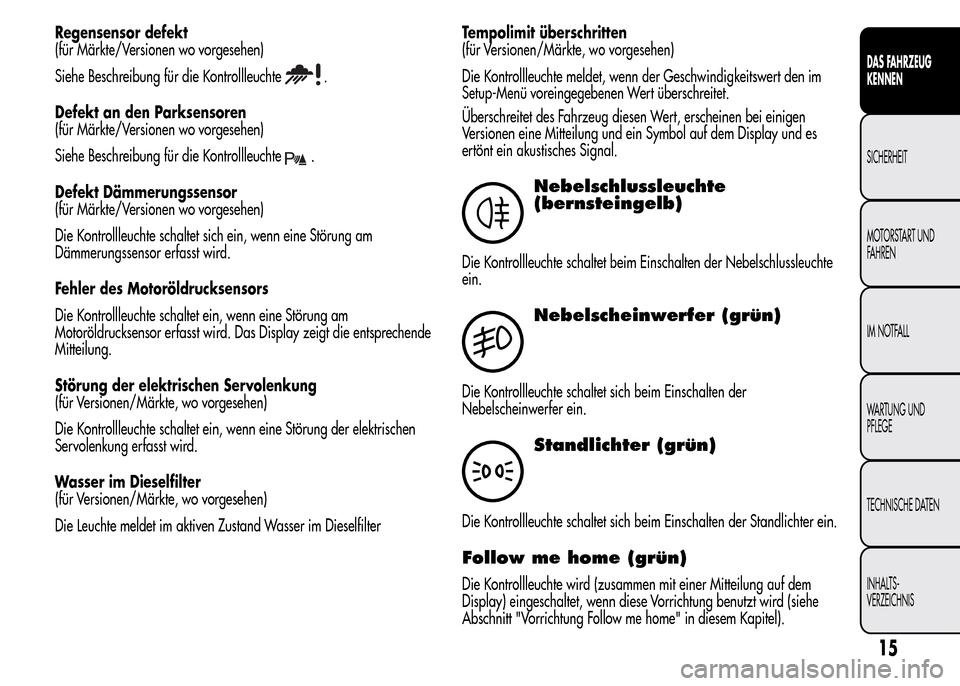 Alfa Romeo MiTo 2016  Betriebsanleitung (in German) Regensensor defekt
(für Märkte/Versionen wo vorgesehen)
Siehe Beschreibung für die Kontrollleuchte
.
Defekt an den Parksensoren
(für Märkte/Versionen wo vorgesehen)
Siehe Beschreibung für die Ko