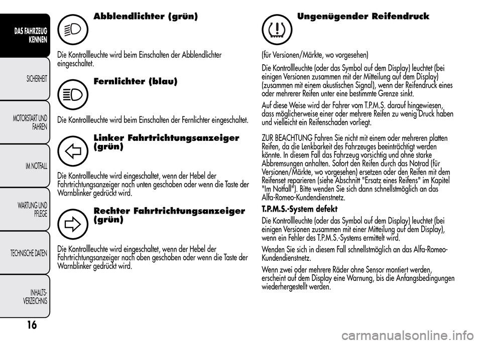 Alfa Romeo MiTo 2016  Betriebsanleitung (in German) 2
Abblendlichter (grün)
Die Kontrollleuchte wird beim Einschalten der Abblendlichter
eingeschaltet.
Fernlichter (blau)
Die Kontrollleuchte wird beim Einschalten der Fernlichter eingeschaltet.
Linker 