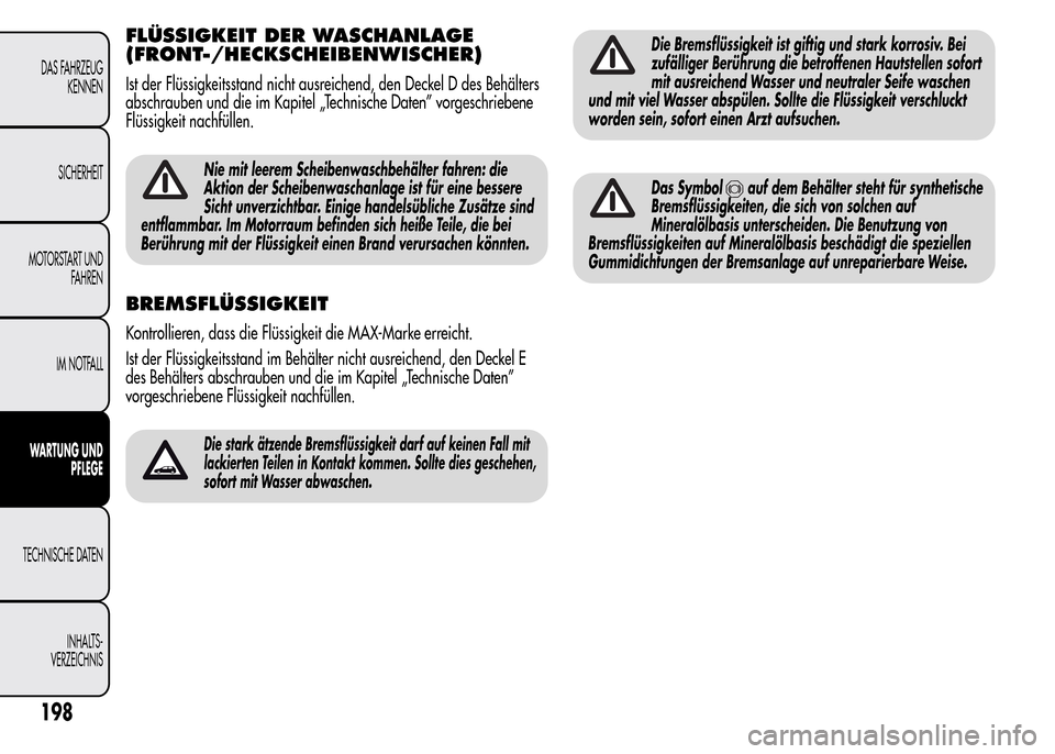 Alfa Romeo MiTo 2016 Betriebsanleitung (in German) FLÜSSIGKEIT DER WASCHANLAGE
(FRONT-/HECKSCHEIBENWISCHER)
Ist der Flüssigkeitsstand nicht ausreichend, den Deckel D des Behälters
abschrauben und die im Kapitel „Technische Daten” vorgeschrieben Alfa Romeo MiTo 2016 Betriebsanleitung (in German) FLÜSSIGKEIT DER WASCHANLAGE
(FRONT-/HECKSCHEIBENWISCHER)
Ist der Flüssigkeitsstand nicht ausreichend, den Deckel D des Behälters
abschrauben und die im Kapitel „Technische Daten” vorgeschrieben