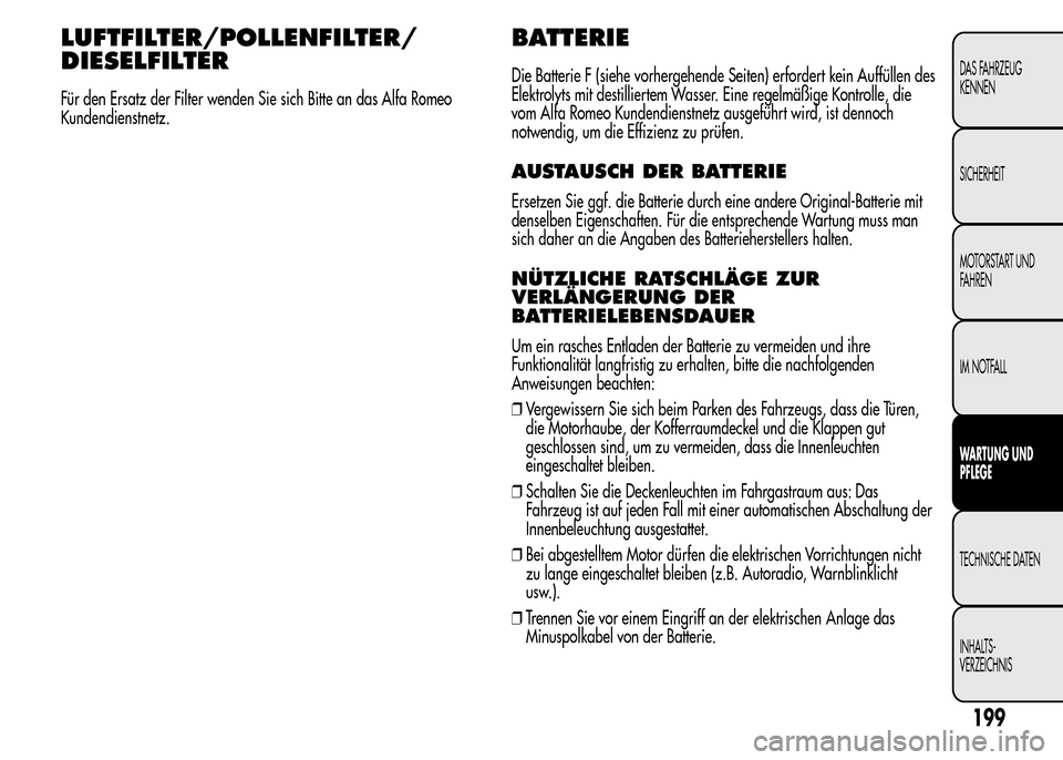 Alfa Romeo MiTo 2016 Betriebsanleitung (in German) LUFTFILTER/POLLENFILTER/
DIESELFILTER
Für den Ersatz der Filter wenden Sie sich Bitte an das Alfa Romeo
Kundendienstnetz.
BATTERIE
Die Batterie F (siehe vorhergehende Seiten) erfordert kein Auffülle Alfa Romeo MiTo 2016 Betriebsanleitung (in German) LUFTFILTER/POLLENFILTER/
DIESELFILTER
Für den Ersatz der Filter wenden Sie sich Bitte an das Alfa Romeo
Kundendienstnetz.
BATTERIE
Die Batterie F (siehe vorhergehende Seiten) erfordert kein Auffülle