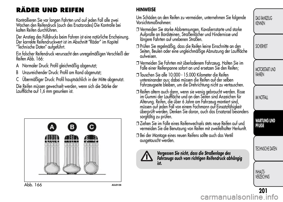 Alfa Romeo MiTo 2016 Betriebsanleitung (in German) RÄDER UND REIFEN
Kontrollieren Sie vor langen Fahrten und auf jeden Fall alle zwei
Wochen den Reifendruck (auch des Ersatzrades) Die Kontrolle bei
kalten Reifen durchführen.
Der Anstieg des Fülldru Alfa Romeo MiTo 2016 Betriebsanleitung (in German) RÄDER UND REIFEN
Kontrollieren Sie vor langen Fahrten und auf jeden Fall alle zwei
Wochen den Reifendruck (auch des Ersatzrades) Die Kontrolle bei
kalten Reifen durchführen.
Der Anstieg des Fülldru