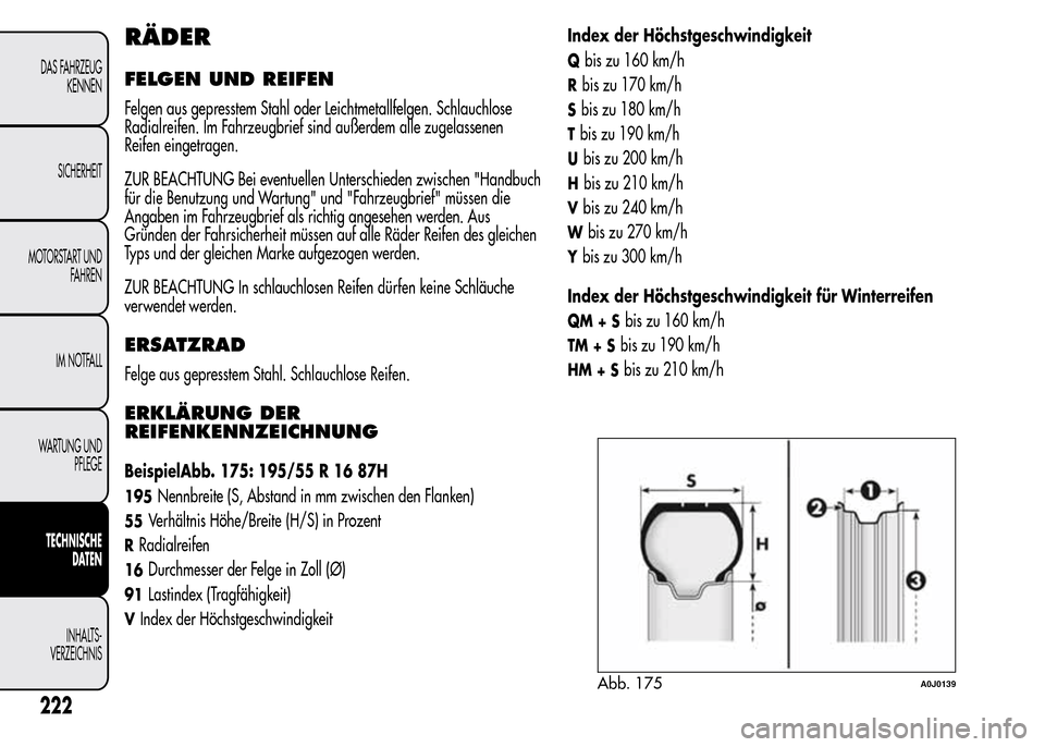 Alfa Romeo MiTo 2016 Betriebsanleitung (in German) RÄDER
FELGEN UND REIFEN
Felgen aus gepresstem Stahl oder Leichtmetallfelgen. Schlauchlose
Radialreifen. Im Fahrzeugbrief sind außerdem alle zugelassenen
Reifen eingetragen.
ZUR BEACHTUNG Bei eventue Alfa Romeo MiTo 2016 Betriebsanleitung (in German) RÄDER
FELGEN UND REIFEN
Felgen aus gepresstem Stahl oder Leichtmetallfelgen. Schlauchlose
Radialreifen. Im Fahrzeugbrief sind außerdem alle zugelassenen
Reifen eingetragen.
ZUR BEACHTUNG Bei eventue
