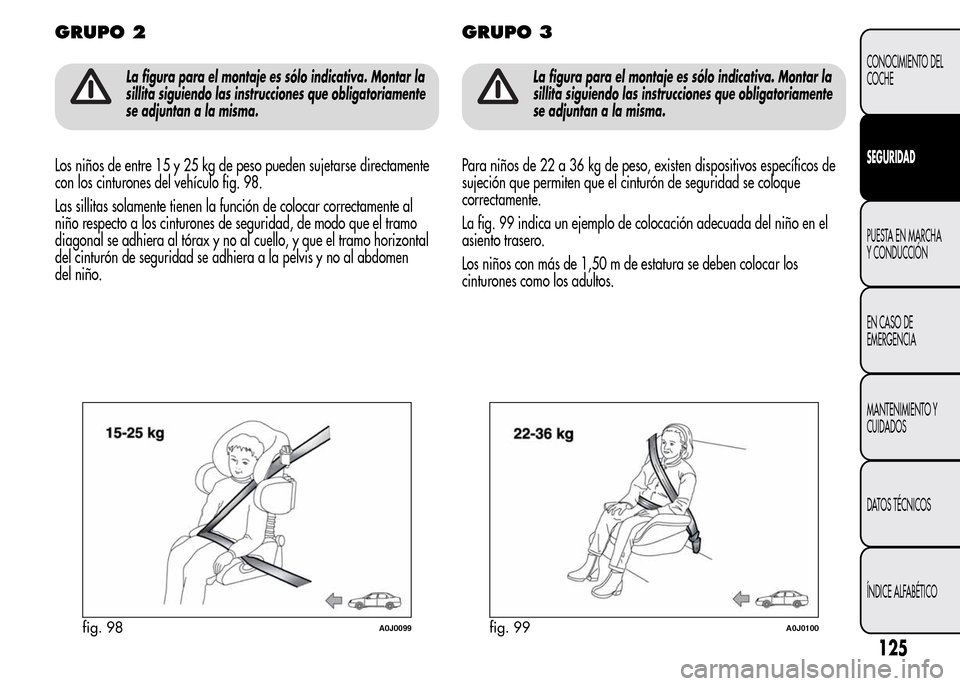 Alfa Romeo MiTo 2016 Manual del propietario (in Spanish) GRUPO 2
La figura para el montaje es sólo indicativa. Montar la
sillita siguiendo las instrucciones que obligatoriamente
se adjuntan a la misma.
Los niños de entre 15 y 25 kg de peso pueden sujetars Alfa Romeo MiTo 2016 Manual del propietario (in Spanish) GRUPO 2
La figura para el montaje es sólo indicativa. Montar la
sillita siguiendo las instrucciones que obligatoriamente
se adjuntan a la misma.
Los niños de entre 15 y 25 kg de peso pueden sujetars