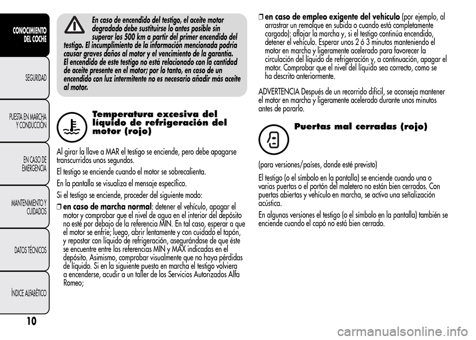 Alfa Romeo MiTo 2016  Manual del propietario (in Spanish) En caso de encendido del testigo, el aceite motor
degradado debe sustituirse lo antes posible sin
superar los 500 km a partir del primer encendido del
testigo. El incumplimiento de la información men