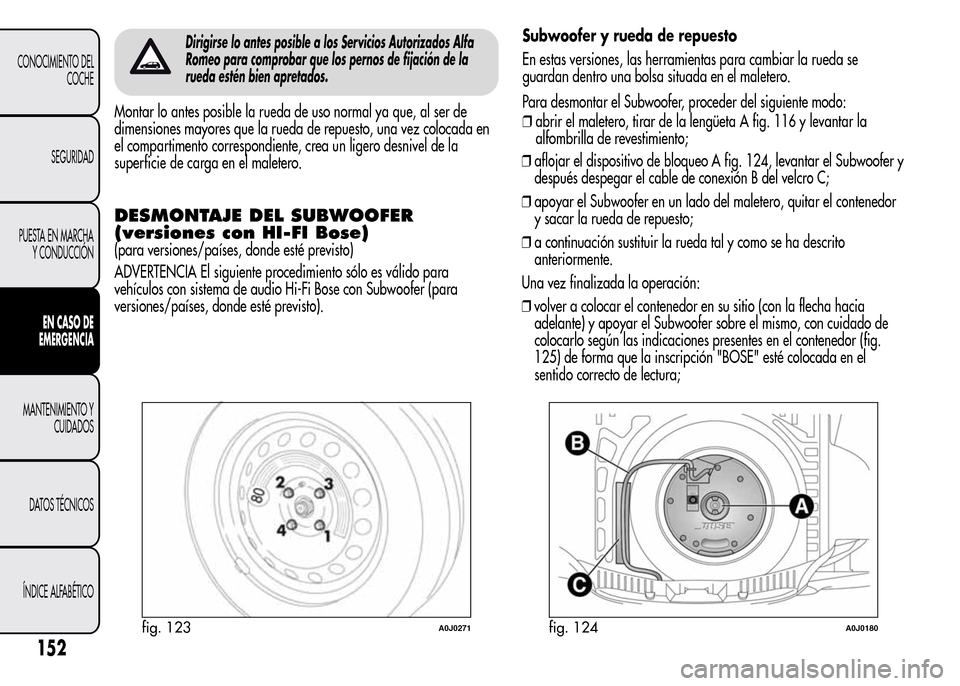 Alfa Romeo MiTo 2016  Manual del propietario (in Spanish) Dirigirse lo antes posible a los Servicios Autorizados Alfa
Romeo para comprobar que los pernos de fijación de la
rueda estén bien apretados.
Montar lo antes posible la rueda de uso normal ya que, a