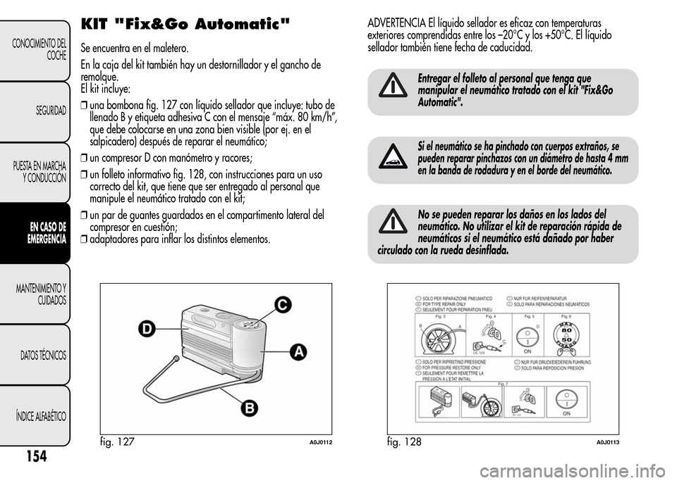 Alfa Romeo MiTo 2016 Manual del propietario (in Spanish) KIT "Fix&Go Automatic"
Se encuentra en el maletero.
En la caja del kit también hay un destornillador y el gancho de
remolque.
El kit incluye:
❒una bombona fig. 127 con líquido sellador que incluye Alfa Romeo MiTo 2016 Manual del propietario (in Spanish) KIT "Fix&Go Automatic"
Se encuentra en el maletero.
En la caja del kit también hay un destornillador y el gancho de
remolque.
El kit incluye:
❒una bombona fig. 127 con líquido sellador que incluye