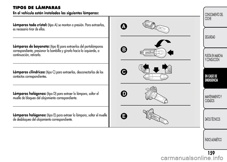 Alfa Romeo MiTo 2016 Manual del propietario (in Spanish) TIPOS DE LÁMPARAS
En el vehículo están instaladas las siguientes lámparas:
Lámparas todo cristal:(tipo A) se montan a presión. Para extraerlas,
es necesario tirar de ellas.
Lámparas de bayoneta Alfa Romeo MiTo 2016 Manual del propietario (in Spanish) TIPOS DE LÁMPARAS
En el vehículo están instaladas las siguientes lámparas:
Lámparas todo cristal:(tipo A) se montan a presión. Para extraerlas,
es necesario tirar de ellas.
Lámparas de bayoneta