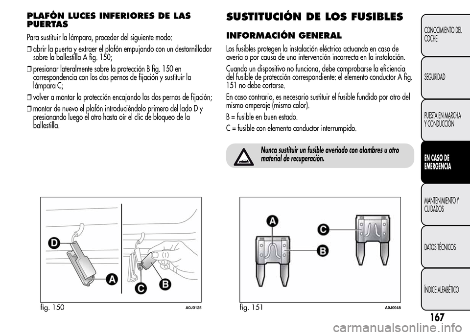 Alfa Romeo MiTo 2016 Manual del propietario (in Spanish) PLAFÓN LUCES INFERIORES DE LAS
PUERTAS
Para sustituir la lámpara, proceder del siguiente modo:
❒abrir la puerta y extraer el plafón empujando con un destornillador
sobre la ballestilla A fig. 150 Alfa Romeo MiTo 2016 Manual del propietario (in Spanish) PLAFÓN LUCES INFERIORES DE LAS
PUERTAS
Para sustituir la lámpara, proceder del siguiente modo:
❒abrir la puerta y extraer el plafón empujando con un destornillador
sobre la ballestilla A fig. 150