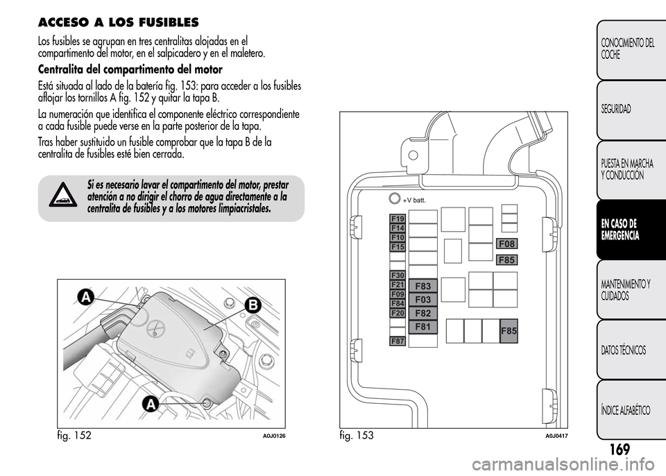 Alfa Romeo MiTo 2016 Manual del propietario (in Spanish) ACCESO A LOS FUSIBLES
Los fusibles se agrupan en tres centralitas alojadas en el
compartimento del motor, en el salpicadero y en el maletero.
Centralita del compartimento del motor
Está situada al la Alfa Romeo MiTo 2016 Manual del propietario (in Spanish) ACCESO A LOS FUSIBLES
Los fusibles se agrupan en tres centralitas alojadas en el
compartimento del motor, en el salpicadero y en el maletero.
Centralita del compartimento del motor
Está situada al la