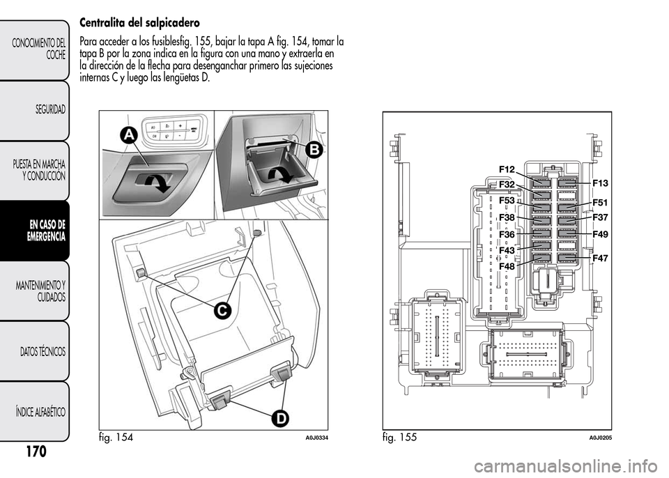 Alfa Romeo MiTo 2016 Manual del propietario (in Spanish) Centralita del salpicadero
Para acceder a los fusiblesfig. 155, bajar la tapa A fig. 154, tomar la
tapa B por la zona indica en la figura con una mano y extraerla en
la dirección de la flecha para de Alfa Romeo MiTo 2016 Manual del propietario (in Spanish) Centralita del salpicadero
Para acceder a los fusiblesfig. 155, bajar la tapa A fig. 154, tomar la
tapa B por la zona indica en la figura con una mano y extraerla en
la dirección de la flecha para de