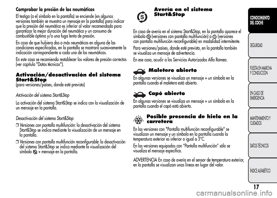 Alfa Romeo MiTo 2016  Manual del propietario (in Spanish) Comprobar la presión de los neumáticos
El testigo (o el símbolo en la pantalla) se enciende (en algunas
versiones también se muestra un mensaje en la pantalla) para indicar
que la presión del neu