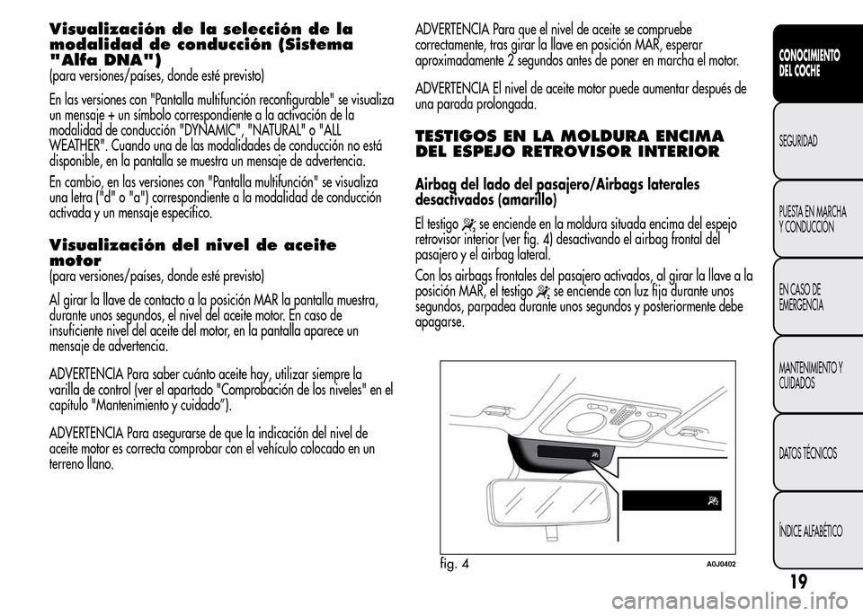 Alfa Romeo MiTo 2016  Manual del propietario (in Spanish) Visualización de la selección de la
modalidad de conducción (Sistema
"Alfa DNA")
(para versiones/países, donde esté previsto)
En las versiones con "Pantalla multifunción reconfigurable" se visua