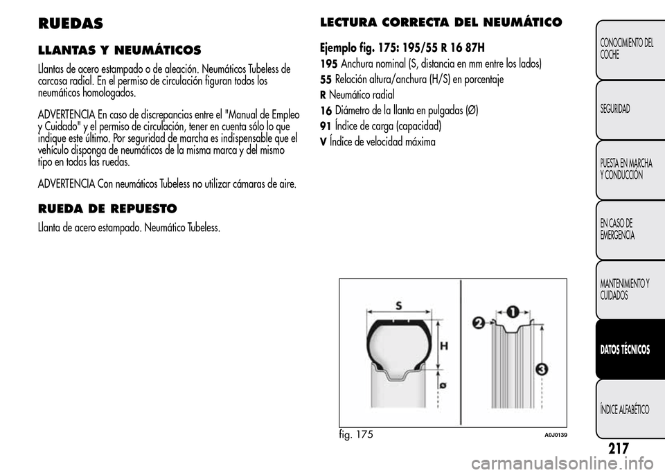 Alfa Romeo MiTo 2016 Manual del propietario (in Spanish) RUEDAS
LLANTAS Y NEUMÁTICOS
Llantas de acero estampado o de aleación. Neumáticos Tubeless de
carcasa radial. En el permiso de circulación figuran todos los
neumáticos homologados.
ADVERTENCIA En Alfa Romeo MiTo 2016 Manual del propietario (in Spanish) RUEDAS
LLANTAS Y NEUMÁTICOS
Llantas de acero estampado o de aleación. Neumáticos Tubeless de
carcasa radial. En el permiso de circulación figuran todos los
neumáticos homologados.
ADVERTENCIA En