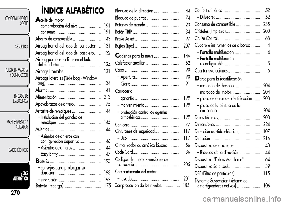 Alfa Romeo MiTo 2016  Manual del propietario (in Spanish) ÍNDICE ALFABÉTICO
Aceite del motor
– comprobación del nivel.................... 191
– consumo ......................................... 191
Ahorro de combustible ......................... 143
A