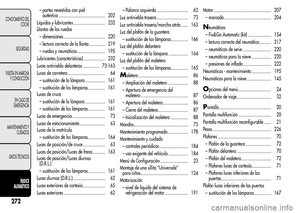 Alfa Romeo MiTo 2016  Manual del propietario (in Spanish) – partes revestidas con piel
auténtica ........................................ 202
Líquidos y lubricantes ........................... 232
Llantas de las ruedas
– dimensiones ...................