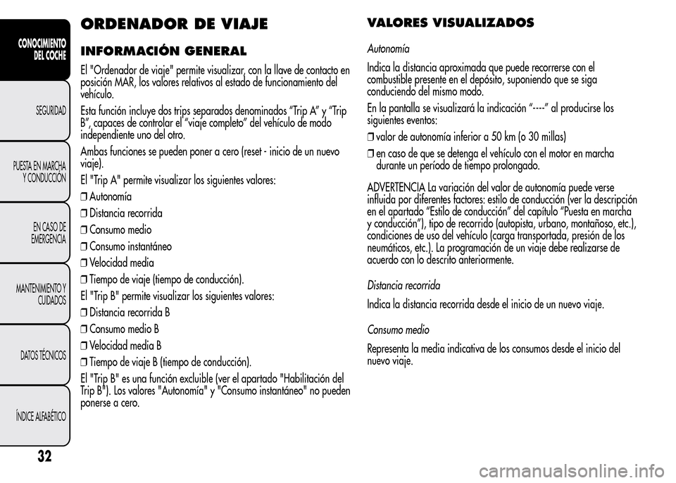 Alfa Romeo MiTo 2016 Manual del propietario (in Spanish) ORDENADOR DE VIAJE
INFORMACIÓN GENERAL
El "Ordenador de viaje" permite visualizar, con la llave de contacto en
posición MAR, los valores relativos al estado de funcionamiento del
vehículo.
Esta fun Alfa Romeo MiTo 2016 Manual del propietario (in Spanish) ORDENADOR DE VIAJE
INFORMACIÓN GENERAL
El "Ordenador de viaje" permite visualizar, con la llave de contacto en
posición MAR, los valores relativos al estado de funcionamiento del
vehículo.
Esta fun