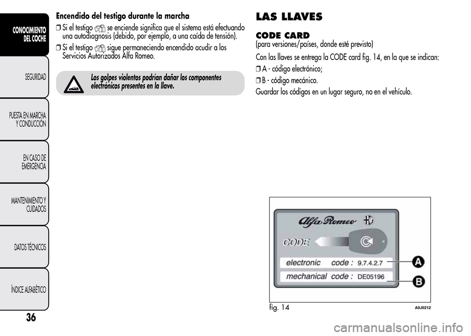 Alfa Romeo MiTo 2016 Manual del propietario (in Spanish) Encendido del testigo durante la marcha
❒Si el testigo
se enciende significa que el sistema está efectuando
una autodiagnosis (debido, por ejemplo, a una caída de tensión).
❒Si el testigo
sigue Alfa Romeo MiTo 2016 Manual del propietario (in Spanish) Encendido del testigo durante la marcha
❒Si el testigo
se enciende significa que el sistema está efectuando
una autodiagnosis (debido, por ejemplo, a una caída de tensión).
❒Si el testigo
sigue