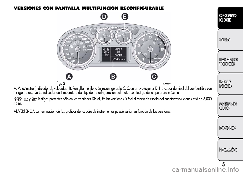 Alfa Romeo MiTo 2016  Manual del propietario (in Spanish) VERSIONES CON PANTALLA MULTIFUNCIÓN RECONFIGURABLE
A. Velocímetro (indicador de velocidad) B. Pantalla multifunción reconfigurable C. Cuentarrevoluciones D. Indicador de nivel del combustible con
t