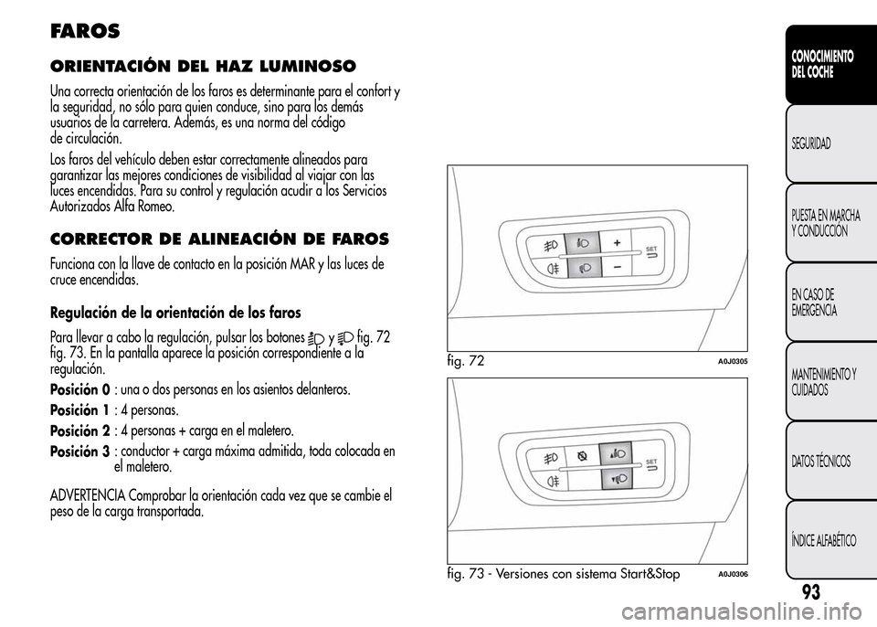 Alfa Romeo MiTo 2016  Manual del propietario (in Spanish) FAROS
ORIENTACIÓN DEL HAZ LUMINOSO
Una correcta orientación de los faros es determinante para el confort y
la seguridad, no sólo para quien conduce, sino para los demás
usuarios de la carretera. A