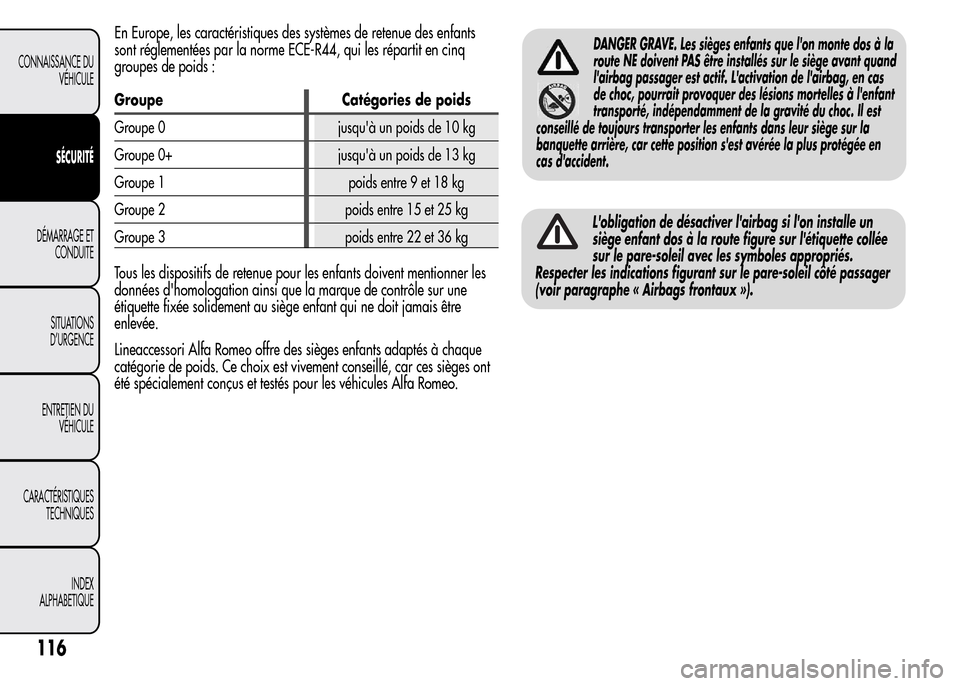 Alfa Romeo MiTo 2016  Manuel du propriétaire (in French) En Europe, les caractéristiques des systèmes de retenue des enfants
sont réglementées par la norme ECE-R44, qui les répartit en cinq
groupes de poids :
Groupe Catégories de poids
Groupe 0 jusqu