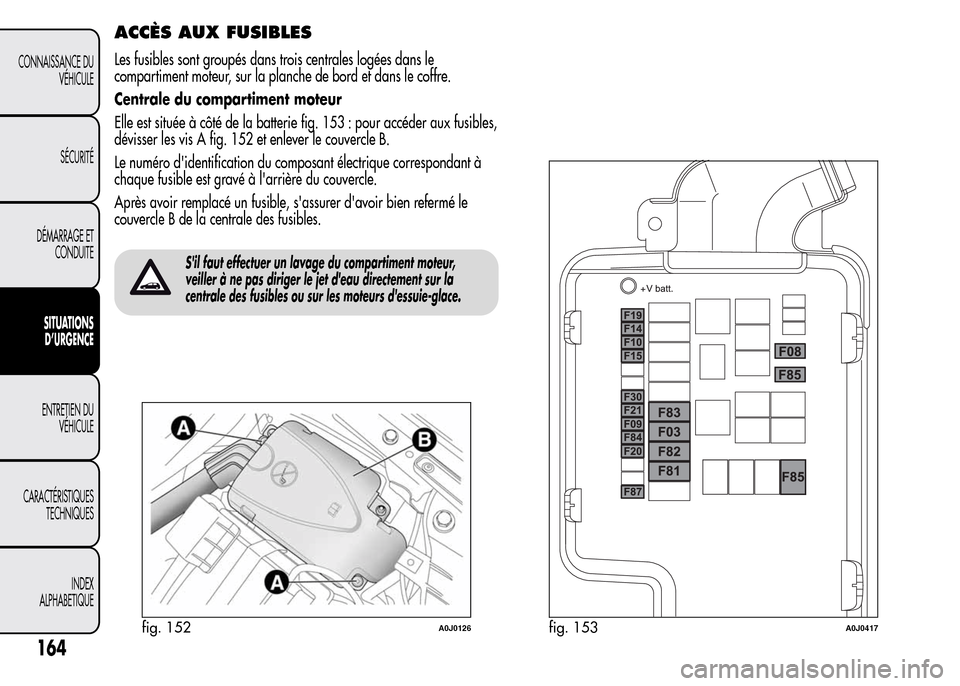 Alfa Romeo MiTo 2016 Manuel du propriétaire (in French) ACCÈS AUX FUSIBLES
Les fusibles sont groupés dans trois centrales logées dans le
compartiment moteur, sur la planche de bord et dans le coffre.
Centrale du compartiment moteur
Elle est située à c Alfa Romeo MiTo 2016 Manuel du propriétaire (in French) ACCÈS AUX FUSIBLES
Les fusibles sont groupés dans trois centrales logées dans le
compartiment moteur, sur la planche de bord et dans le coffre.
Centrale du compartiment moteur
Elle est située à c
