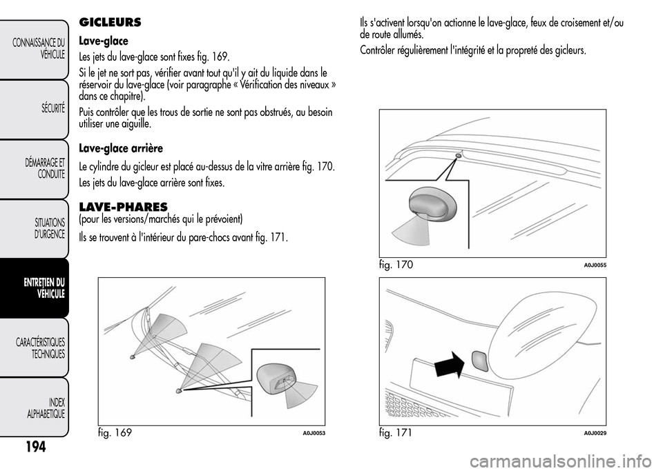 Alfa Romeo MiTo 2016  Manuel du propriétaire (in French) GICLEURS
Lave-glace
Les jets du lave-glace sont fixes fig. 169.
Si le jet ne sort pas, vérifier avant tout quil y ait du liquide dans le
réservoir du lave-glace (voir paragraphe « Vérification de