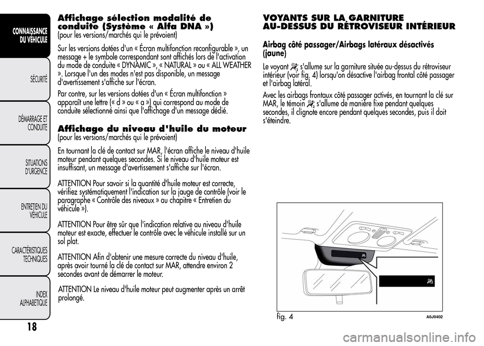 Alfa Romeo MiTo 2016  Manuel du propriétaire (in French) Affichage sélection modalité de
conduite (Système « Alfa DNA »)
(pour les versions/marchés qui le prévoient)
Sur les versions dotées dun « Écran multifonction reconfigurable », un
message 