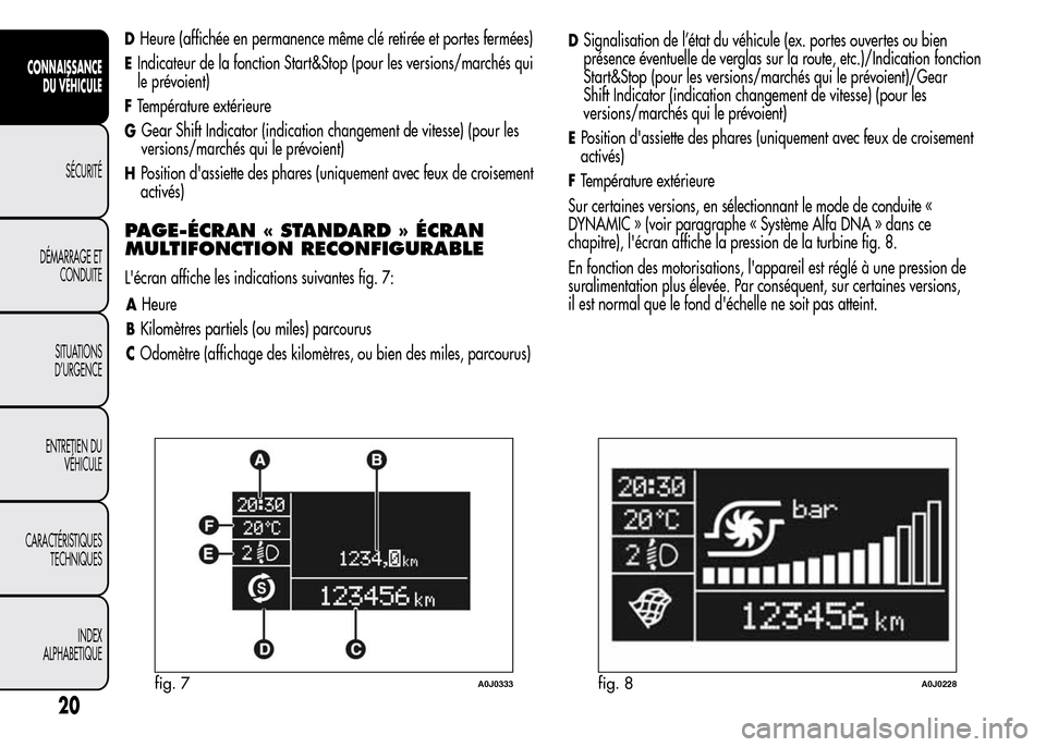 Alfa Romeo MiTo 2016  Manuel du propriétaire (in French) DHeure (affichée en permanence même clé retirée et portes fermées)
EIndicateur de la fonction Start&Stop (pour les versions/marchés qui
le prévoient)
FTempérature extérieure
GGear Shift Indic